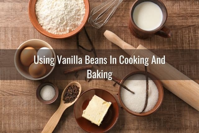Baking supplies mise en place with vanilla bean seeds